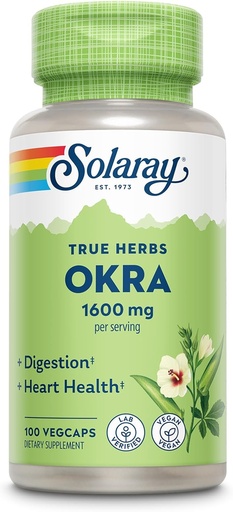 [BRSWIFIEDMBGOED6] SOLARAY Okra Fruit 1600 mg - High Fiber Supplement for Wellness Support - Rich Source of Soluble Fiber - Ekvivalent z 6,4 g Fresh Okra per Serving, Vegan, 60- Day Garance - 25 Služeb, 100 VegCaps
