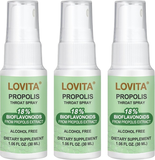 [BRSWGAACOIMREHTD] Lovita Propolis Throat Spray, Canadese Propolis Spray, High Potent 500 mg Propolis per ml met 9:1 High Concentrate, Natural Sore Throat Spray voor Immune Support, Alcoholvrij, 1 Fl Oz (verpakking van 3)