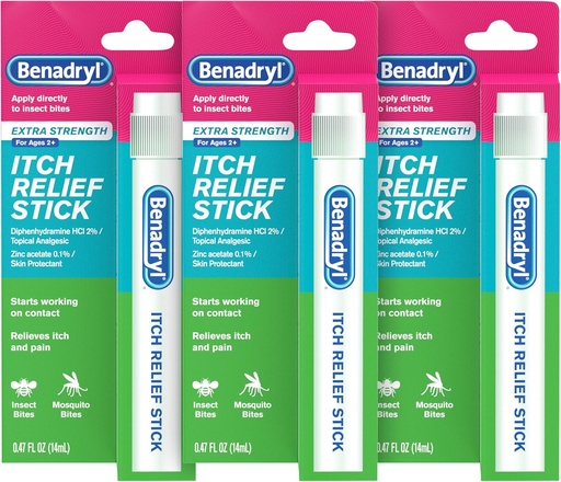 [BRSWIZ35CIFRMHDI] Benadryl Extra Strength Anti-Itch Relief Stick, Bug Bite Itch Relief, Diphenhydramine HCl Topical Analgesic & Zinc Acetate Skin Protectant, Great for Camping Essentials, 0.47 fl oz (Pack of 3)