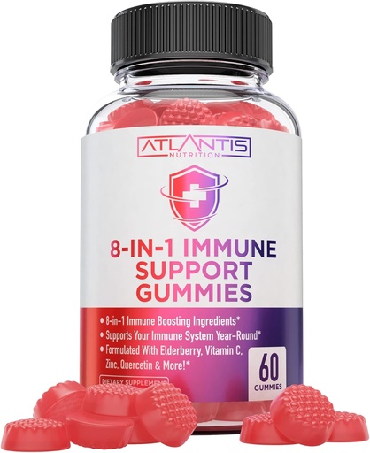 [BRSRMHAFBYOQOFYZ] Atlantis Nutrition 8-in-1 Immune 지원 Gummies with Elderberry | Elderberry, Quercetin, 아연, 비타민 C와 면역 부스터 성인 및 어린이 - 맛있는 맛 - 60 카운트