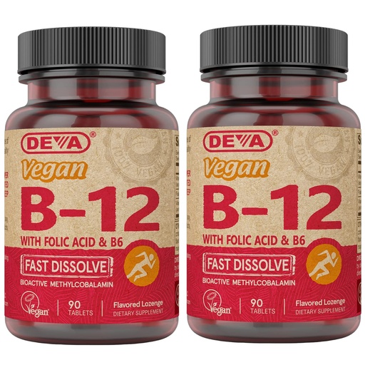 [BRSWIYYOAIDBYDL6] DEVA Vegan Vitamin B12 Fast Dissolve Supplement - Once-Per-Day Complex with 1000 Mcg Methylcobalamin B12, Folic Acid, B6 - Lemon Flavor - 90 Dissolvable Tablets, 2-Pack