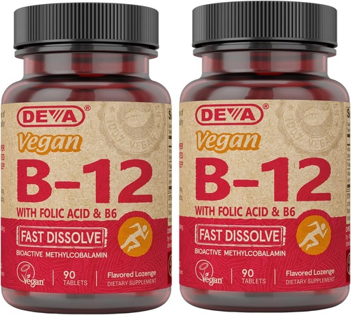 [BRSWIYYOAIDBYDL6] DEVA Vegan Vitamina B12 Fast Dissolve Supplemento - Complesso una volta per giorno con 1000 Mcg Methylcobalamin B12, Acido Folico, B6 - Limone Flavor - 90 compresse dissolvibili, 2-Pack