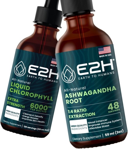[BRSROGIQOV4B6FDA] E2H: Liquid Chlorophyll and Ashwagandha Liquid Drops | Vegan, Non-GMO - 2 Fl Oz Each (4 Fl Oz Total) - Bundle