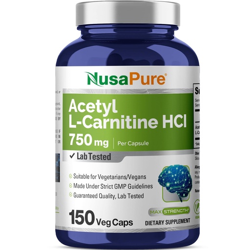 [BRSWG2Q6DECQA236] NusaPure Acetyl L-Carnitine 750mg per Caps 150 Veggie Capsules (Non-GMO, Vegan) High Potency Acetyl L Carnitine HCL (ALCAR)