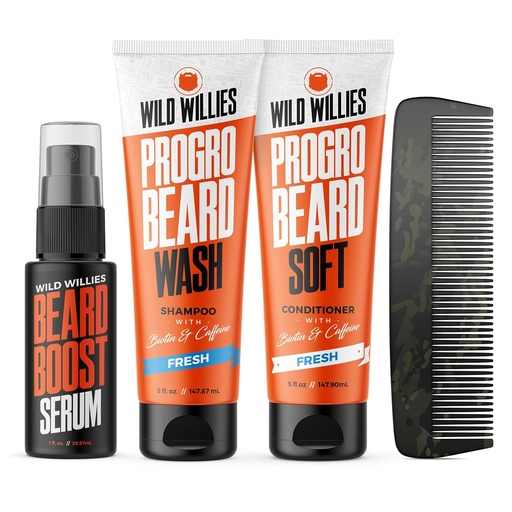 [BRSROGQDOFYQ2C35] Wild Willies Beard Care Kit, Biotin Fortified Shampoo and Conditioner with Caffeine, Two 4-Oz Bottles, Promotes Healthy Beard Growth