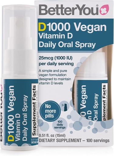 [BRSWGCQ7BV4BQ3I2] BetterYou D1000 Vegan Vitamin D Oral Spray - Convenient Alternative for Tablets - Plant-Origin - Promotes Strong Bones, Teeth and Immune System - Aid in Calcium Absorption - 100 Daily Doses - 0.5 oz