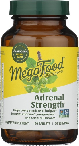 [BRSWIGT5BMFWCD3G] MegaFood Adrenal Strength - Mellékvese-kiegészítő kiegészítők Ashwagandha és Magnézium Glicerin, C-vitamin, Szent Basil, Astragalus, Csökkenti Cortisol Levelek - Vegetáriánus - 60 tabletta (30 adag)
