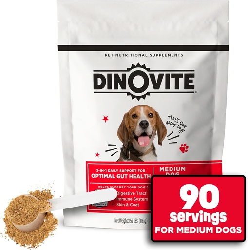 [BRSWYZD7PIBRAADJ] Dinovite 3 in 1 Probiotic for Medium Dogs, Skin & Coat, Digestive Health & Joint Relief, Dog Food Toppers, Immune Support, Allergy Relief & Itch Relief Skin Care, 90 Servings (18-45lb)