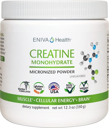 [BRSRMFLQOENRQYIV] Eniva Health Creatine Monohydrate Powder, Amino Acid, Micronized Powder, 70 Μερίδες 5 G 12,3 oz, Υποστήριξη μυών, μυϊκή ανάπτυξη, Κυτταρική ενέργεια, Γνωστική εστίαση, Ultra-Pure, Φαρμακευτική Βαθμός