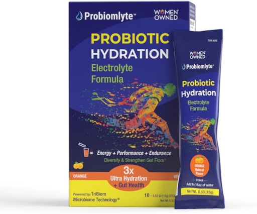 [BRSROYL6CN6QKG3G] Amplificador de hidratación Probiomlyte- Probiótico (Orange) con tecnología Patented TriBiom Microbiome para resistencia, rendimiento, energía y salud Gut