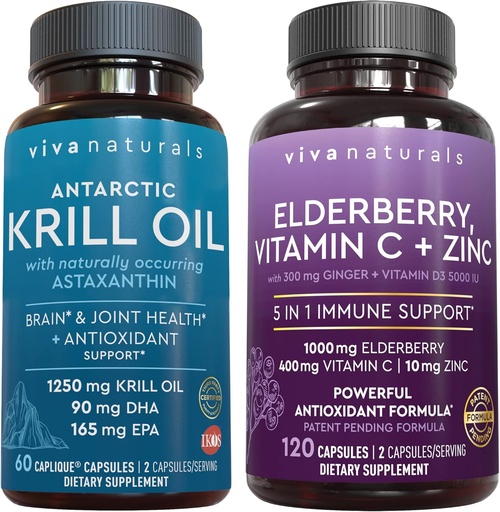 [BRSRMFA3BUPBOCDB] Viva Naturals Antarctic Krill Oil and Elderberry, Vitamin C, Zinc and Vitamin D3 5000 IU Bundle, 1250 mg of Krill Oil Providing Omega 3 EPA and DHA for Joint Health, Elderberry for Immune Support
