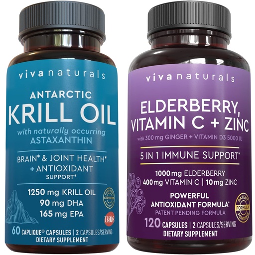 [BRSRMFA3BUPBOCDB] Viva Naturals Antarctic Krill Oil and Elderberry, Vitamin C, Zinc and Vitamin D3 5000 IU Bundle, 1250 mg of Krill Oil Providing Omega 3 EPA and DHA for Joint Health, Elderberry for Immune Support