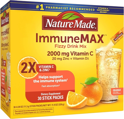 [BRSWYFAHCJ5WMCT6] Nature Made ImmuneMAX Fizzy Drink Mix, with Vitamin C, Vitamin D, and Zinc Supplement for Immune Support, Fast Absorption, 30 Stick Packs, 0.4 Ounce