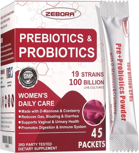 [BRSWYBQEOIFQ4YA3] ZEBORA Probiotics-for-Women 100-Billion-CFUs with Prebiotics, D-Mannose & Cranberry for Digestive, Immune, Feminine UT Health Support, Ultimate Probiotic Women's Care, Soy & Gluten Free, 45 Packets