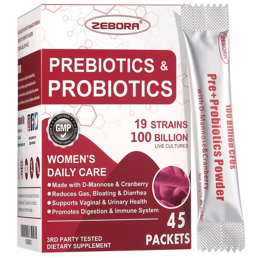 [BRSWYBQEOIFQ4YA3] ZEBORA Probiotics-for-Women 100-Billion-CFUs with Prebiotics, D-Mannose & Cranberry for Digestive, Immune, Feminine UT Health Support, Ultimate Probiotic Women's Care, Soy & Gluten Free, 45 Packets