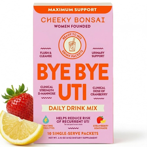 [BRSW2C34OIPGY3LP] Cheeky Bonsai Bye Bye UTI Daily Drink Mix, Urinary Health Hydration Flush with D-Mannose, Cranberry & Electrolytes, Strawberry Lemonade, Vitamin C & B6, (10 Packets)