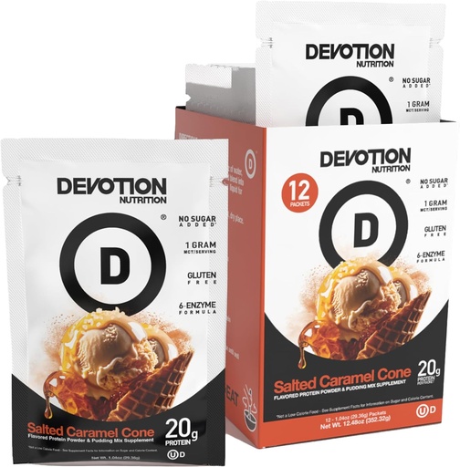 [BRSROBL3OAFQA3LL] Devotion Nutrition Protein Powder Blend | Gluten Free, Keto Friendly, No Added Sugars | 1g MCT | 20g Whey & Micellar Protein | 12 Count Packets (Salted Caramel Cone)
