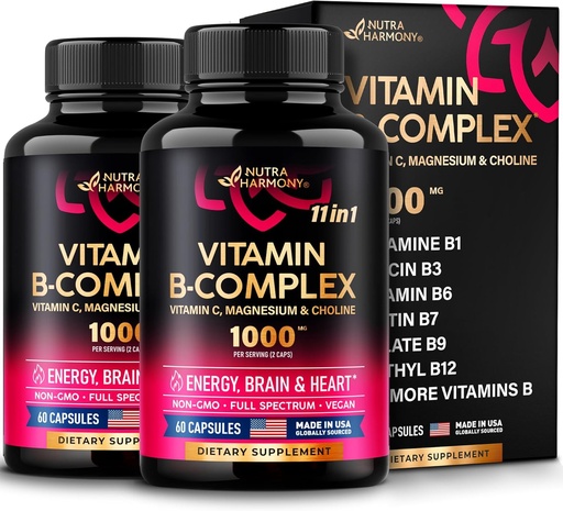 [BRSRAZT3AEIR4CTK] Vitamin B Complex for Men & Women - Made in USA - 11-in-1 B-Complex: B1, B2, B3, B5, B6, B7, B8, B9, B12 with Vitamin C, Choline, Inositol - Energy, Brain & Heart Support Supplement - Pack of 2