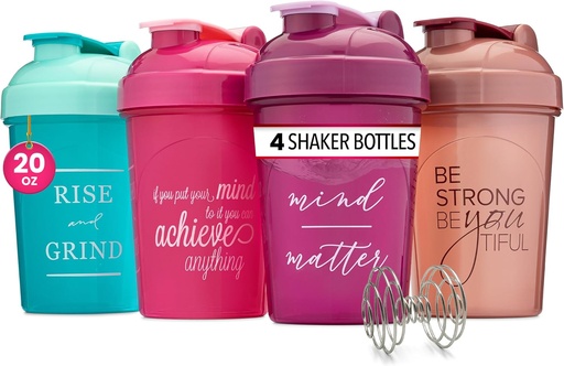 [BRSRMATRAAIWOCQY] GOMOYO [4-Pack] 20 oz Protein Shaker Bottles | Women's Shaker Cups for Protein Shakes | Small Blender Shaker Bottle Set | Dishwasher Safe with 4x Wire Mixers | Pink, Purple, Teal, Rose