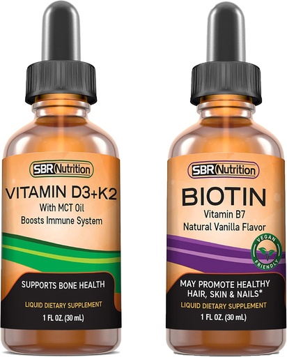 [BRSW2BAKDJ4BGG3B] SBR 营养 D3+K2 和 Biotin Bundle 维生素 D3K2 (MK7) 液体滴, 辣椒薄荷, 1oz → Biotin 5000mcg 液体滴, Vanilla 2oz → 成人与儿童 → | 非GMO, Gluten Free