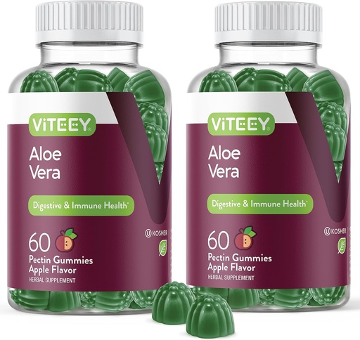[BRSROEL6B55BUGTH] Viteey Aloe Vera Gummies for Adults - 50mg - Aids in Digestion and Immune Health - Aloe Vera Supplement - Vegan, Gelatin Free, Gluten Free, GMO Free, Tasty Chewable Raspberry Flavored Gummy