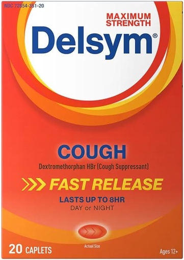 [BRSWYCYKOUMWG33P] Delsym Strength Maximum Cough Suppressant, Caplets de libération rapide, dure jusqu'à 8 heures Jour ou nuit, 20 Compte