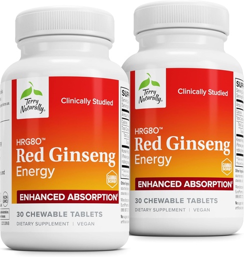 [BRSROEI2BZYBQCY6] Terry Naturally HRG80 Red Ginseng Energy - Support Healthy Energy & Focus - Herbal Supplement with Korean Red Ginseng Root Powder - Tablets to Aid Healthy Endurance - 30 Chewable Tablets (Pack of 2)