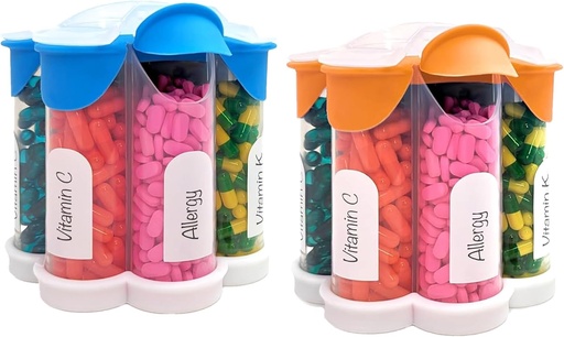 [BRSRAYAFC5YAIE3B] Extra Large Pill Organizer Daily, Weekly, Monthly Supplement Bottle, Cute Blossom Pill Dispenser with 7 XL Compartments (2 Pack Combo) (Light Blue and Orange)