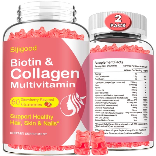 [BRSRMHY7BMHGCHL7] 2 Pack Multi Collagen Peptides Gummies for Women & Men, Ultra Hydrolyzed Protein Type I II III V X with Biotin, Hyaluronic Acid & Vitamin C D K2 B12 A E for Skin Hair Nails, Bone, Sugar Free 120Cts