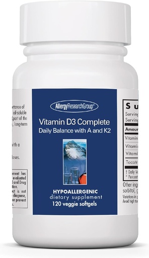 [BRSRAZQROENWGALL] Allergy Research Group Vitamin D3 Complete - Vitamina D3 y K2 Suplemento, Daily Balance, con Vitamina A, DeltaGold Tocotrienols, High Potency, Veggie Softgels - 120 Cuenta