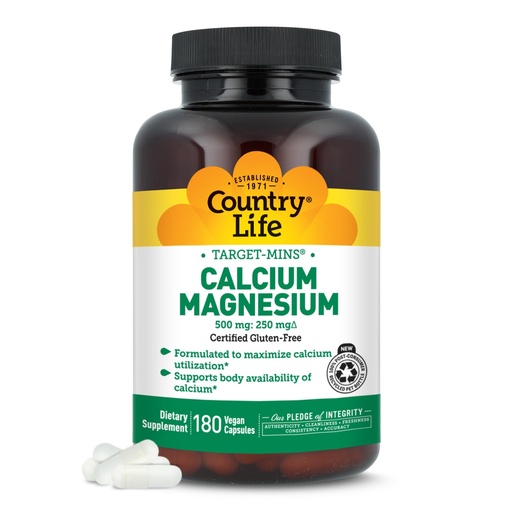 [BRSWIYT3OMAB4ADA] Country Life Target-Mins Calcium Magnesium Complex - 500mg Calcium, 250mg Magnesium, Gluten-Free Supplement for Bone Health