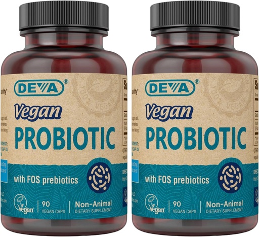 [BRSROAYCA4PQEYLZ] DEVA Vegan Probiotic s FOS Prebiotics Doplněk - 2 miliardy CFU se 100 MG Prebiotika per Serving pro muže a ženy - Non- Dairy gluten Free - Přirozeně stabilní - 90 Kapsle (Balení po 2)