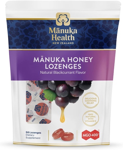 [BRSW2AL3OAAWKDI6] Manuka Health Manuka Honey Throat Lzenges - Черно френско грозде Ароматизирани Lozenges, 58-Count - Капки от кашлица, вливани с Raw Manuka Honey & Vitamin C за имунна подкрепа