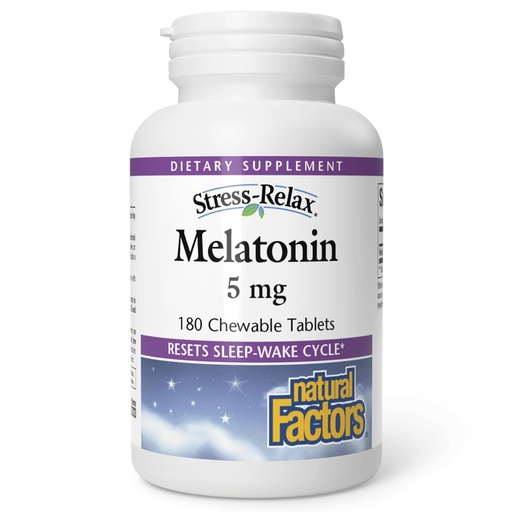 [BRSWIEY7AJ4WYHQ5] Stress-Relax Melatonin 5 mg by Natural Factors, Natural Sleep Aid, Resets the Sleep-Wake Cycle, 180 chewable tablets (180 servings), Peppermint Flavor