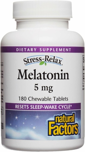 [BRSWIEY7AJ4WYHQ5] Stress-Relax Melatonin 5 mg by Natural Factors, Natural Sleep Aid, Resets the Sleep-Wake Cycle, 180 chewable tablets (180 servings), Peppermint Flavor
