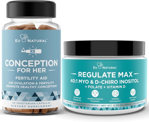 [BRSRAAYLCQBAOD3Z] Conception for Her Capsules + Regulate MAX Myo-Inositol D-Chiro Inositol Powder - Fertility Support, Hormone Balance, Regulate Cycles - 60 Vegetarian Soft Capsules + 60 Servings Powder