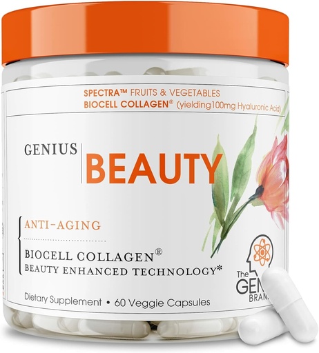[BRSWG23QDIAWKDL4] Genius Beauty, Hair Skin & Nails Vitamins, 60 Capsules - Anti-Aging Antioxidant Supplement, Hydrolyzed Collagen Pills, Glutathione & Astaxanthin - Detox Cleanse, Wrinkles, Hair Growth & Healthy Skin