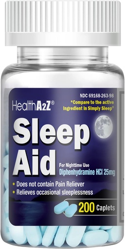 [BRSW2ZIBC55AICLU] HealthA2Z Sleep Aid 200 Caplets, Diphenhydramine HCl 25mg, Regular Strength Sleeping Pills, 200 Caplets