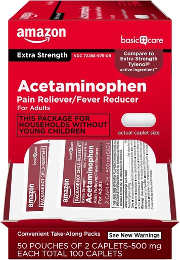 [BRSWYZINOANBSFI7] Basic Care - Extra Strength Acetaminofēns Caplet 500 mg, 100 Skaits ( 50 maisiņi 2 kapleti)