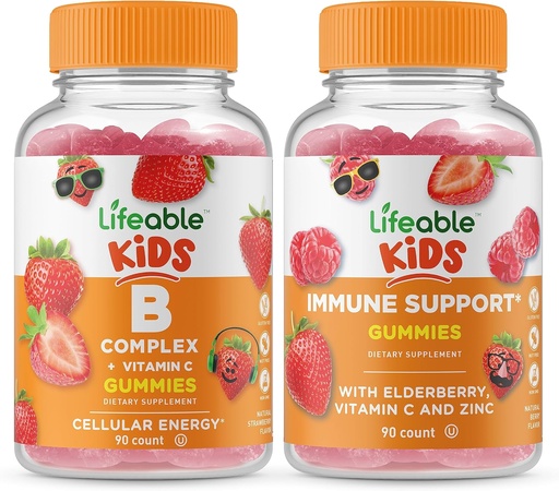 [BRSW2HAFPMHBMCDJ] Lifeable B Complex Kids + Immune Support Kids, Gummies Bundle - Great Tasting, Vitamin Supplement, Gluten Free, GMO Free, Chewable Gummy