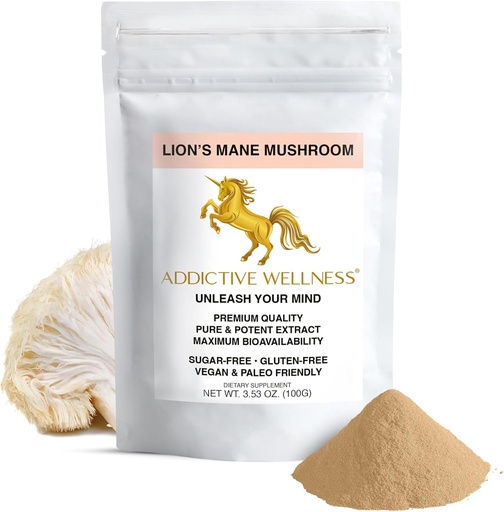 [BRSRAGAYA57GYCL4] Addictive Wellness Lions Mane Supplement Powder, Premium Quality Lions Mane Mushroom Powder Dual-Extract Nootropic, Sugar Free, Vegan & Paleo Lion's Mane Mushroom Supplement - 1500 mg (100 Grams)