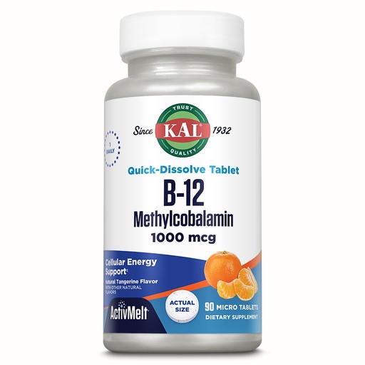 [BRSWKHQYAYCBQAA3] KAL Vitamin B12 Methylcobalamin 1000mcg, Healthy Energy, Metabolism, Nerve & Red Blood Cell Support,* Fast Dissolve ActivMelt, Optimal Absorption, Natural Tangerine Flavor, 90 Servings, 90 Micro Tabs