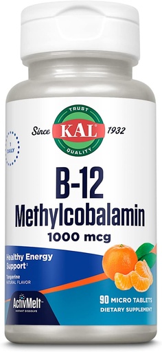 [BRSWKHQYAYCBQAA3] KAL-vitamiini B12 Methylcobalamiini 1000 mcg, terve energia, aineenvaihdunta, hermojen ja punasolujen tuki, * Nopea liuottaminen ActivMelt, optimaalinen imeytyminen, luonnollinen tangeriinimaku, 90 tarjoilua, 90 mikrotablettia