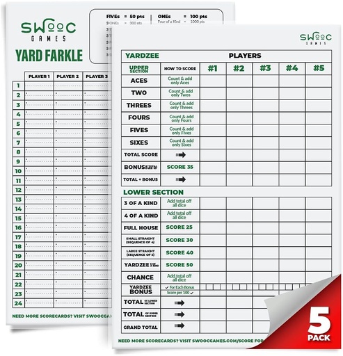 [BRSWGBAYCR6B4YLB] SWOOC Games ® - 5 Big Premium Laminated Yardzee & Farkle Score Cards (115in x 8in) dengan Aturan - Large Reconable Dry Pads for Giant Outdoor Dice