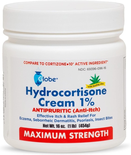 [BRSRMZYLOAHRMD3O] Globe Hydrocortisone Maximum Strength Cream 1% w/Aloe, 16 oz, Anti-Itch Cream for Redness, Swelling, Itching, Rash, Bug/Mosquito Bites, Eczema, Hemorrhoids & More, 16 oz Jar