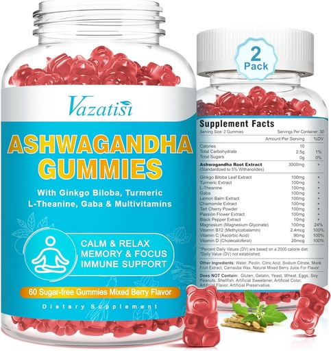 [BRSROYI3BAARADTP] 2 Pack Ashwagandha Gummies con Turmeric GABA Mood Energy e Supporto Immune, Misto di Berry Flavor 120 Ct