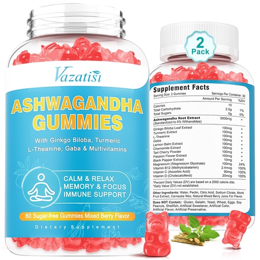 [BRSROYI3BAARADTP] 2 Pack Ashwagandha Gummies with Turmeric GABA Mood Energy and Immune Support, Mixed Berry Flavor 120 Cts