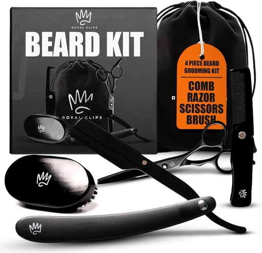 [BRSRA2YCCUMBMHY2] Royal Clips Beard Kit | 4 Piece Beard Grooming Kit | Beard Brush, Comb, Scissors and Straight Razor - Ideal Gift for Men, Husband, Boyfriends, Family & Friends