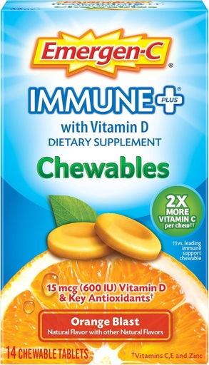 [BRSWKYD6CQMRSD3Y] Emergen-C Immune+ Chewables 1000mg Vitamin C Tablet, with Vitamin D, Immune Support Dietary Supplement for Immunity, Orange Blast Flavor - 14 Count