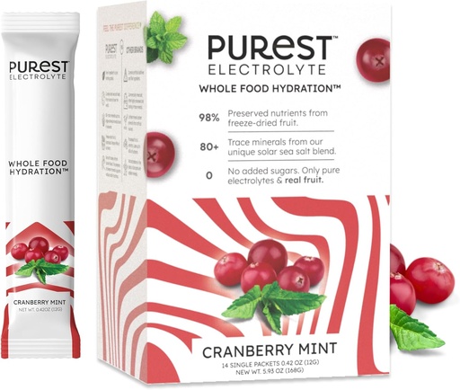 [BRSRAFACBEIQE2Y6] Know Brainer New! Purest Electrolyte Cranberry Mint Powder Packets – Whole Food Hydration - Organic Freeze-Dried Fruits and Solar Sea Salts for Ultimate Electrolyte Balance